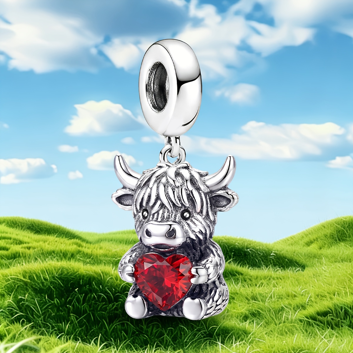 Heart-Embracing Cow Pendant Bead for Women's Jewelry, 925 Silver Plated