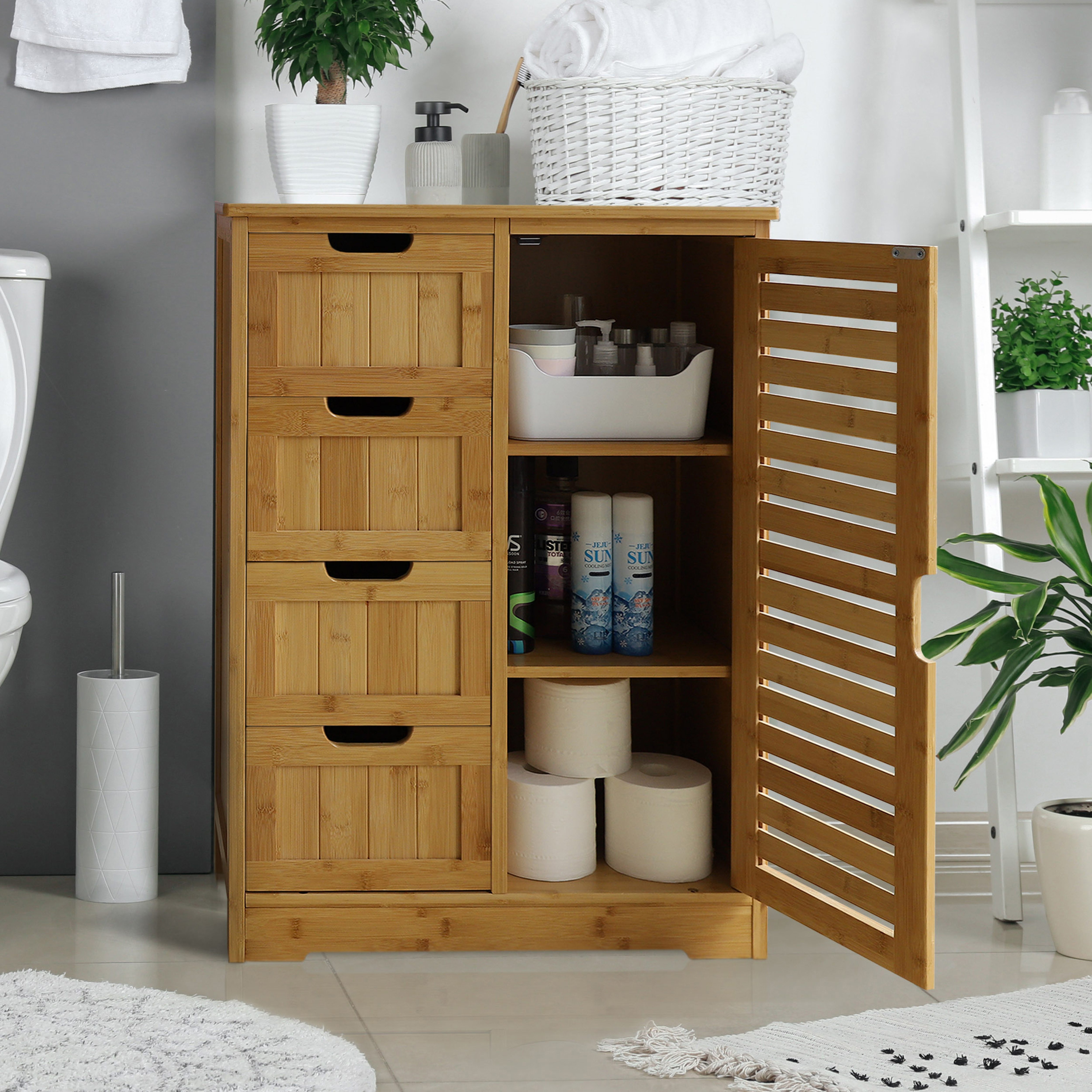 

Storage Cabinet Bamboo With 4 Drawers And 1 Cupboard, Freestanding Compact Floor Cabinet Bamboo For Entryway And Bathroom, Natural