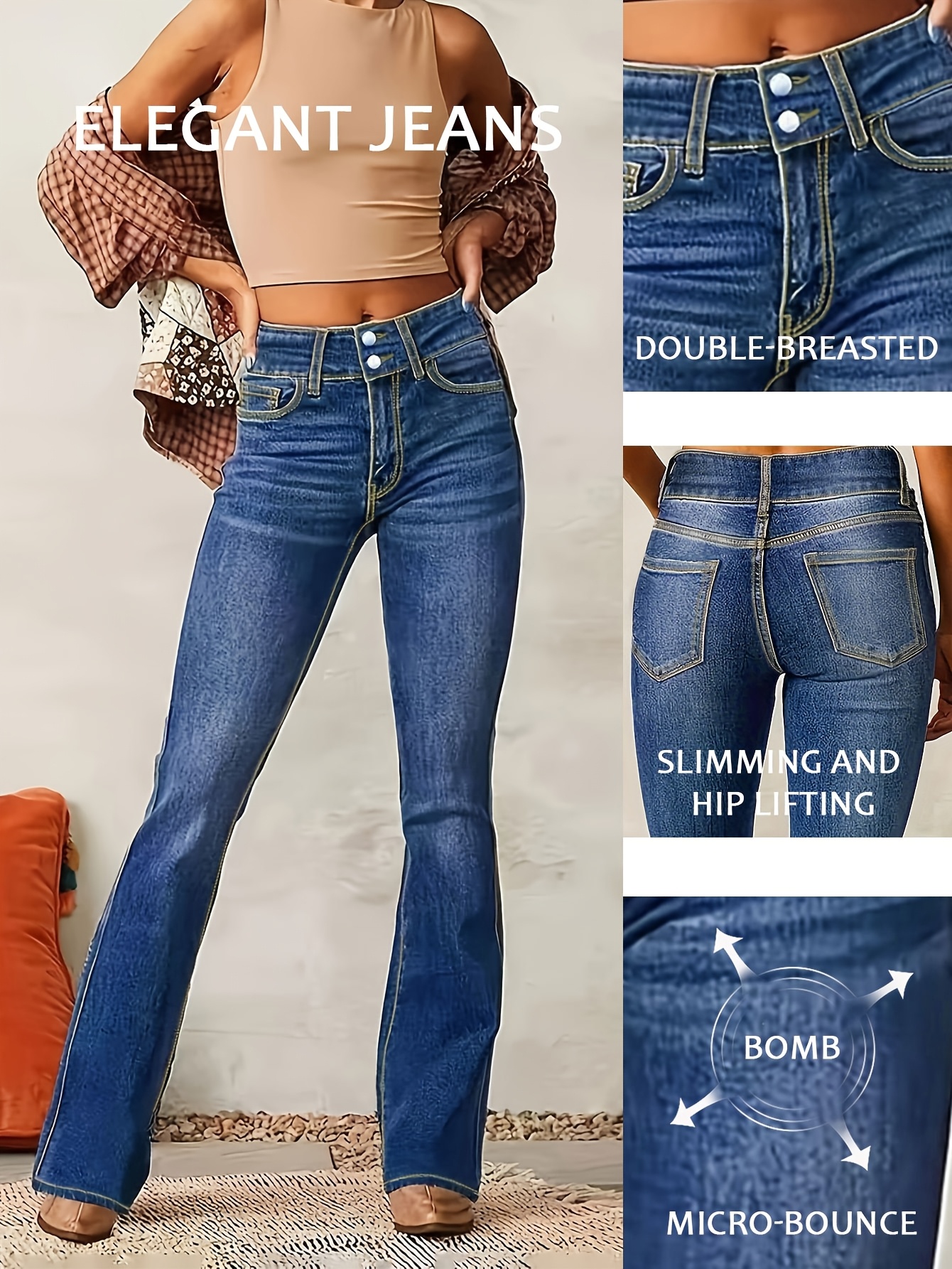 M1138-Women's Classic Blue Bootcut Jeans | Low-Rise Sexy Stretchy Denim Pants | Double Button Fly | Slim Fit Butt Lifting Trousers | Soft Comfortable Flare Leg Vintage Washed Jeans for Casual Wear