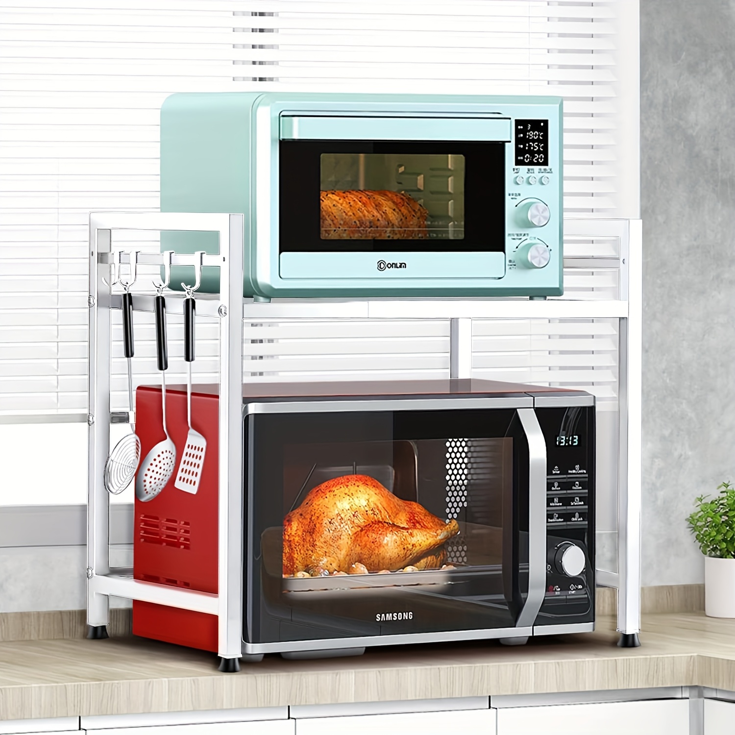 Kitchen Shelf, 40-64cm Extendable Microwave Shelf With 6 Hooks, 32cm/42cm Height-adjustable Microwave Stand, 30kg Load-bearing Microwave Oven Shelf, Microwave Oven Shelf, Spice Rack, Microwave Holder, Kitchen Storage Rack