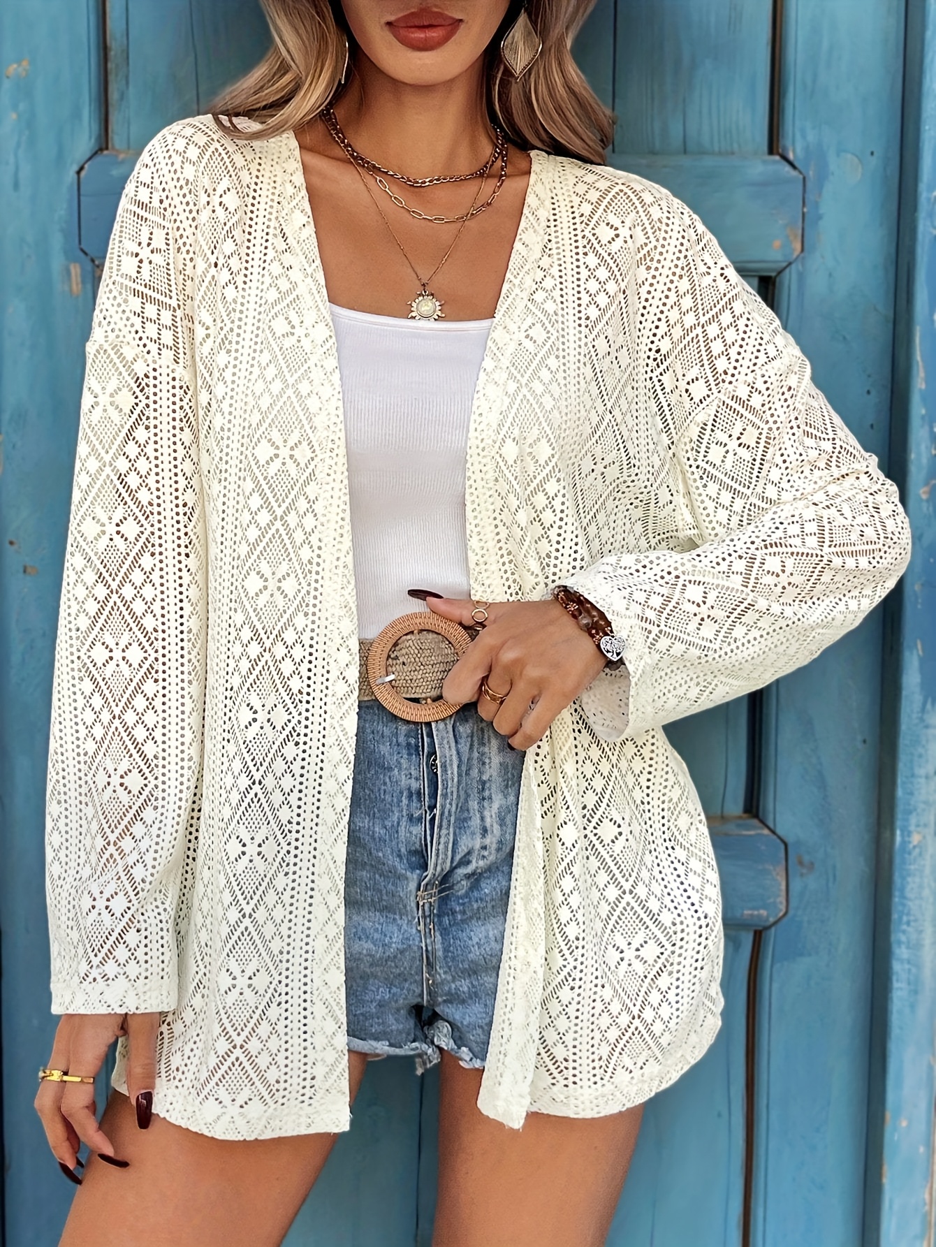 women's lightweight crochet cardigan open front long sleeve Temu