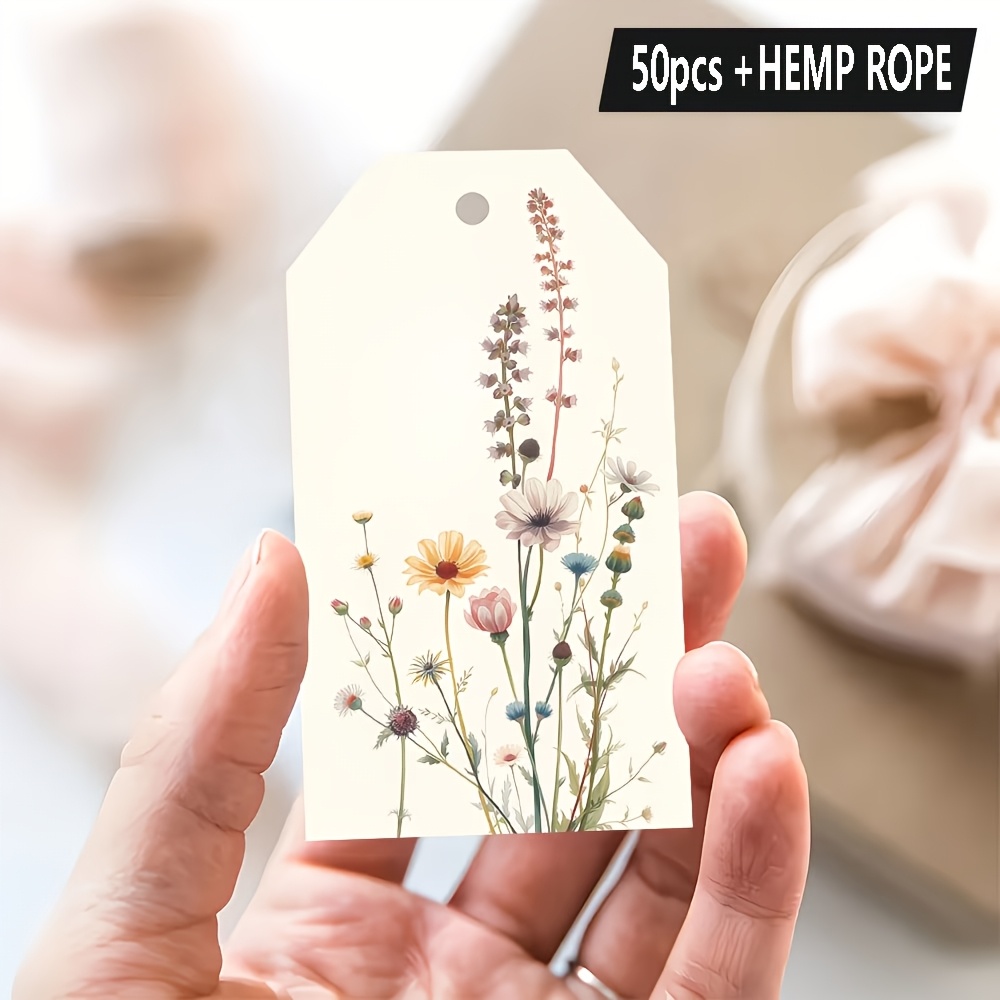 TEMU 50pcs Hand-painted Hemp Twine Gift Tags Suitable For Weddings, Birthdays, Showers - With Pink Thistle, Yellow Daisies, Purple Blossoms & Soft-