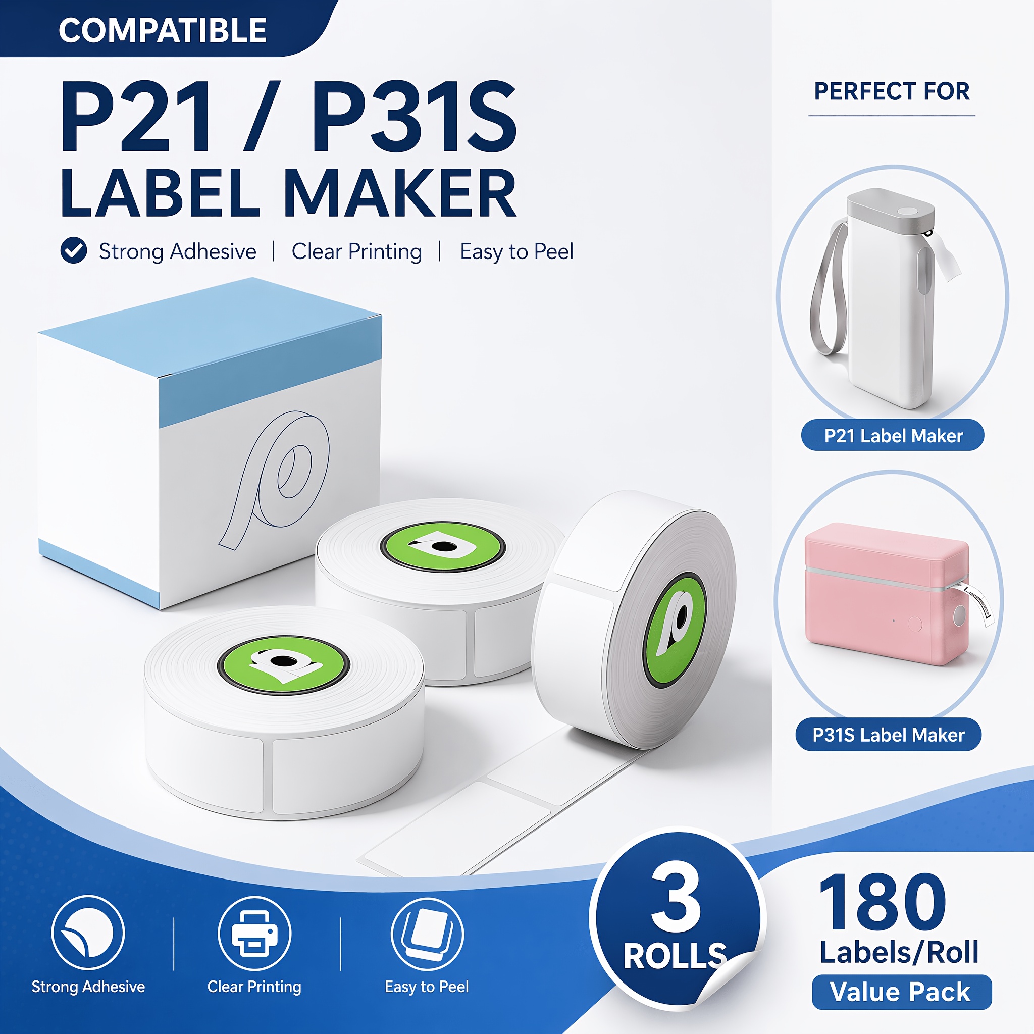 3 Rolls Compatible With Nelko P21 Label , 14x40mm (0.55"x1.57"), 180 Labels/roll, White, P21 Label Tape Replace For Nadaiin N12, Orgbro X1, S001, Polono P31s Label Maker