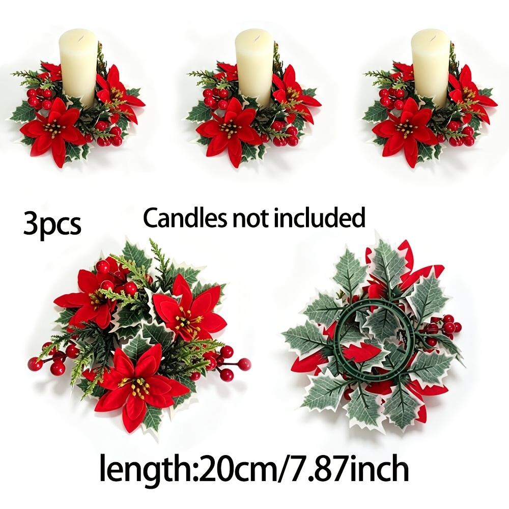 TEMU 3pcs Christmas Candle Ring Artificial Holly Poinsettia Wreath Red Berries Of Fake Pine Needles Candlestick Holders Small Wreath Garland For