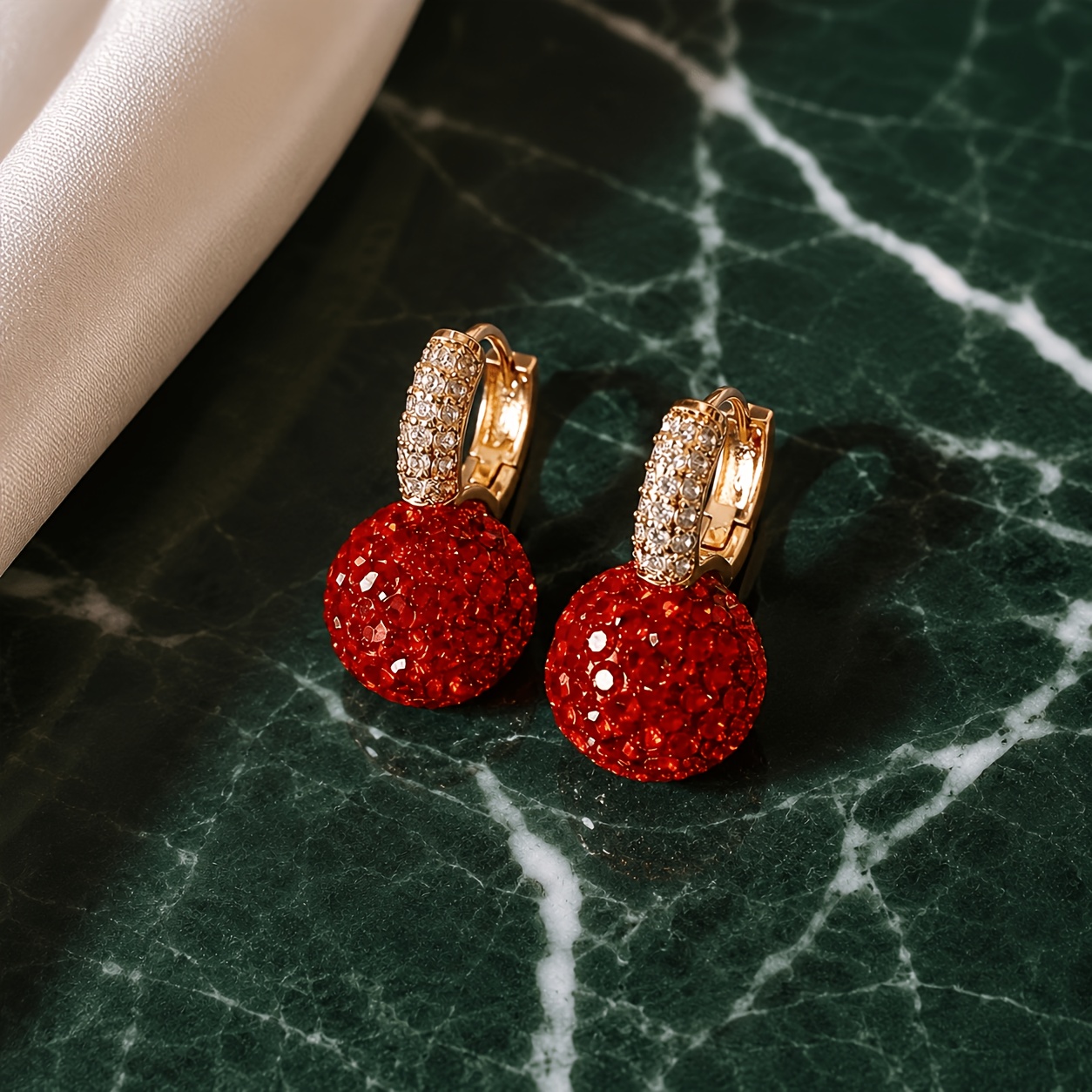 TEMU 1 Pair Women's Earrings, Red Rhinestone Disco Ball Earrings For Women, Kc Golden Ear Clips, Premium Sparkly Round Bead Pendant Earrings, Light