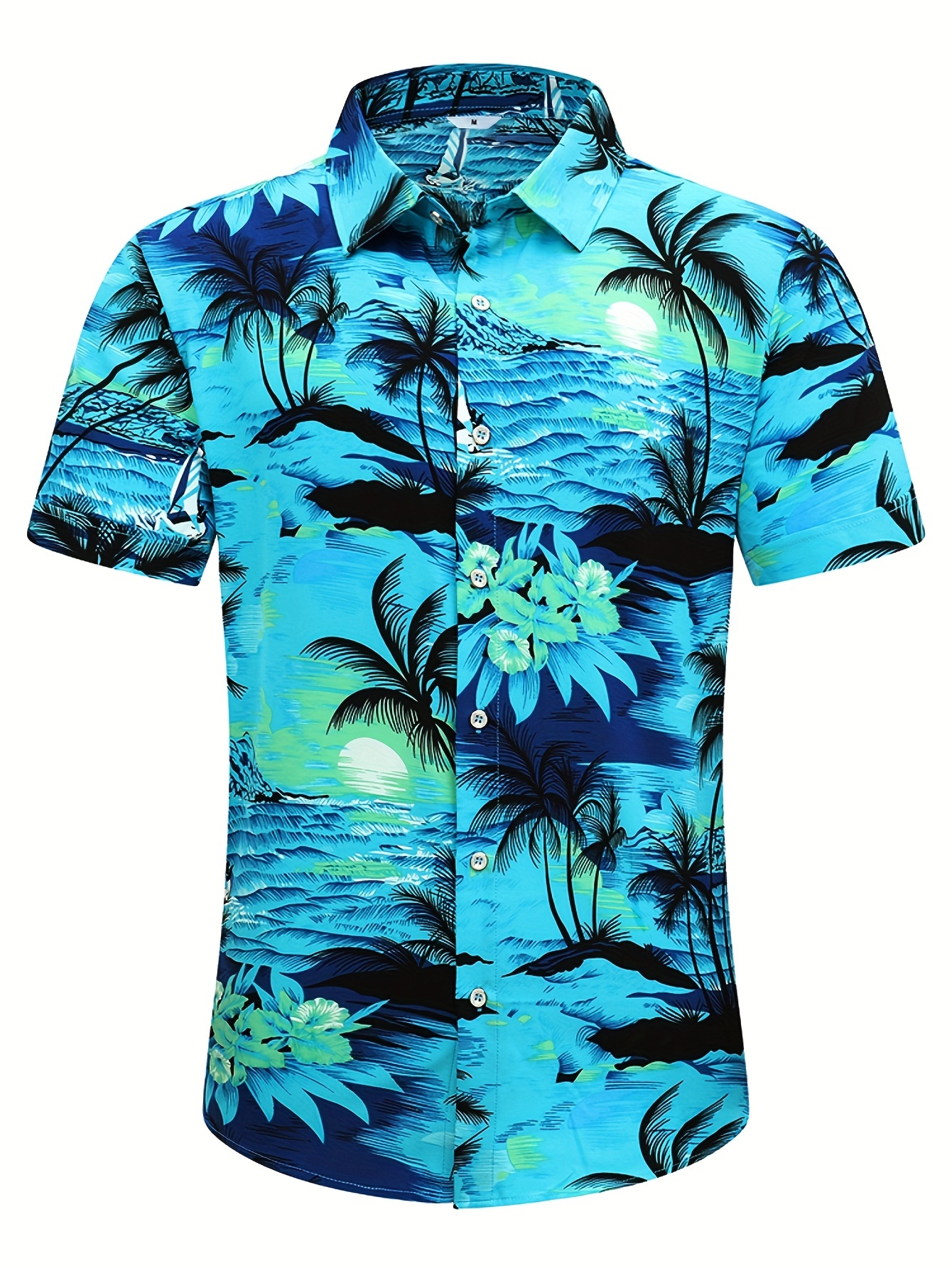 *'s Unisex Hawaiian Shirt Turquoise White Short Sleeve Button-  Beachwear with Collar, Hawaiian Plumeria Flower Palm Tree Print  Lightweight