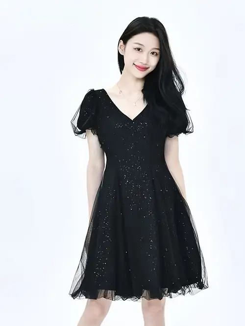 women's elegant black sparkling sequin dress with flared bubble hem - fitted top & flowy skirt, round neck, machine washable, spring/fall party & casual outfits, spring autumn attire, sleek fabric contrast | women's elegant black sparkling sequin dress with flared bubble hem - fitted top & flowy skirt, round neck, machine washable, spring/fall party & casual outfits, spring autumn attire, sleek fabric contrast |