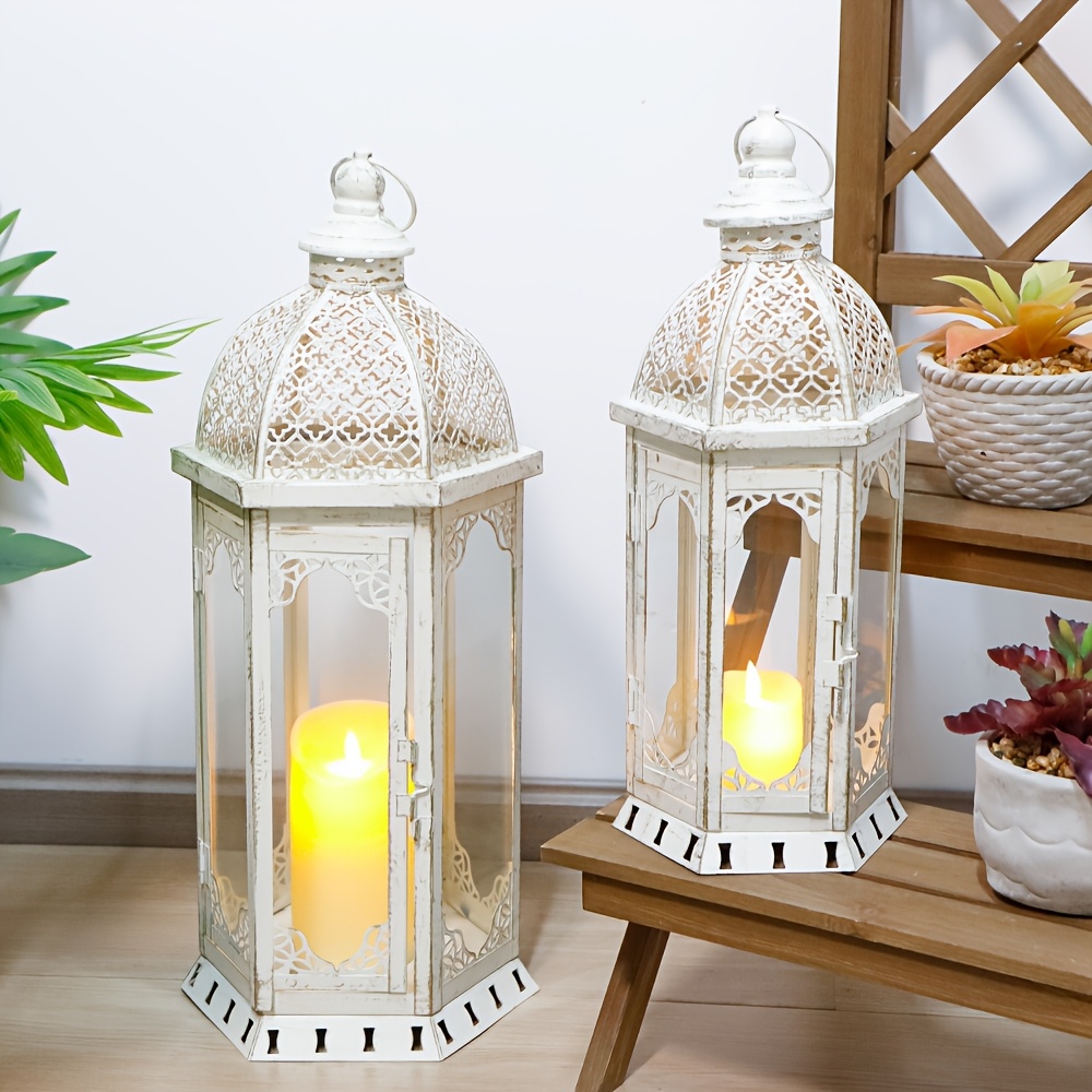 Image of Set Of 2 Decorative Candle Lanterns 22"&17" H Vintage Metal Candle Holder For Indoor Balcony Parties Weddings Home Decor(white With , Vintage Vintage Colors)-just Empty Lanterns, No Any Candles