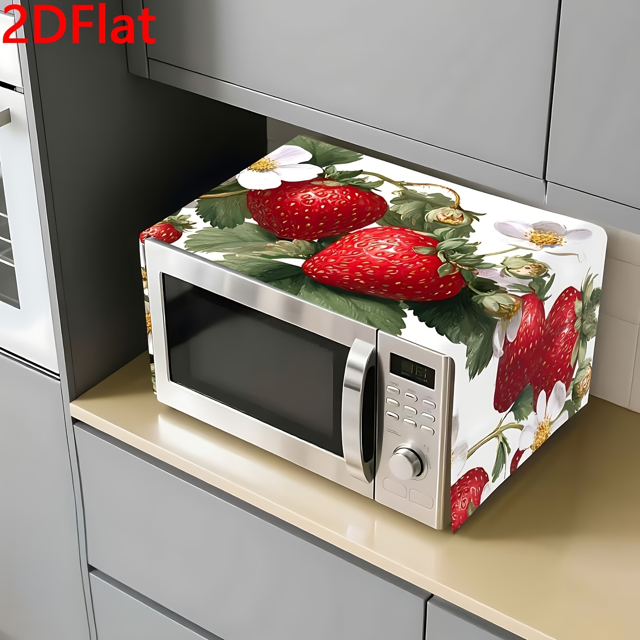 TEMU 2d Flat Decorative Microwave Dust Cover With Strawberry, Floral, And Leaf Patterns, Modern Decor Protector, For Home Appliances