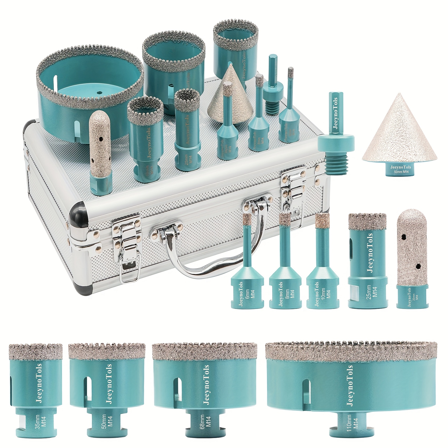 Set diamantnih kronskih žag 11 kosov, nazobčane spajke 6/8/10/25/35/50/68/110 mm sveder & 20 mm prstni rezalni sveder & 50 mm posneti sveder &