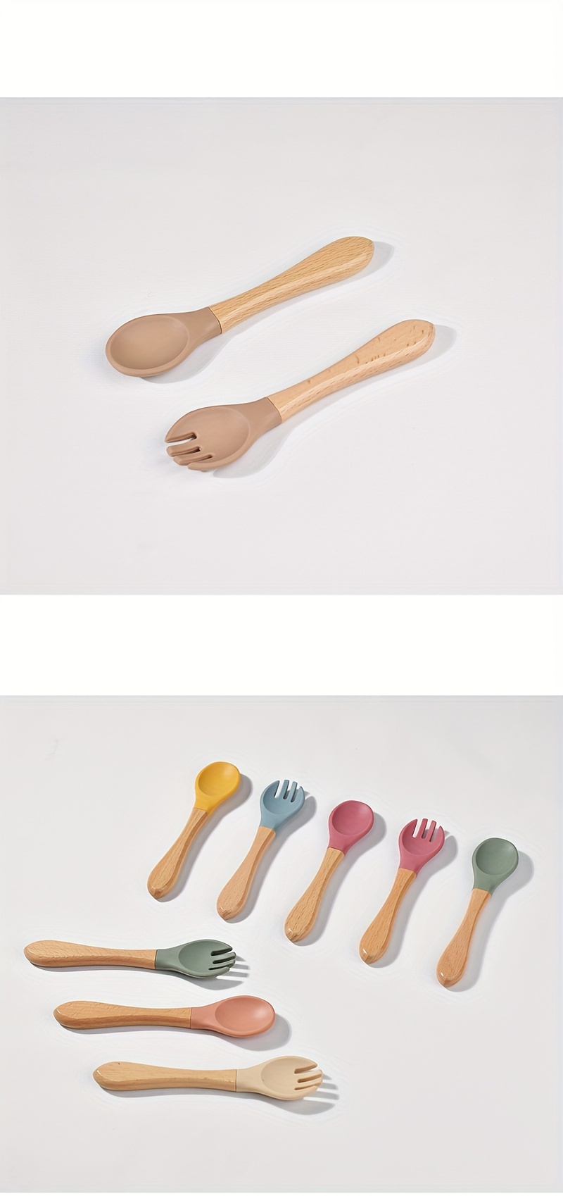 food grade silicone spoon     wooden handle fork and spoon training feeding tableware 2pcs set details 4