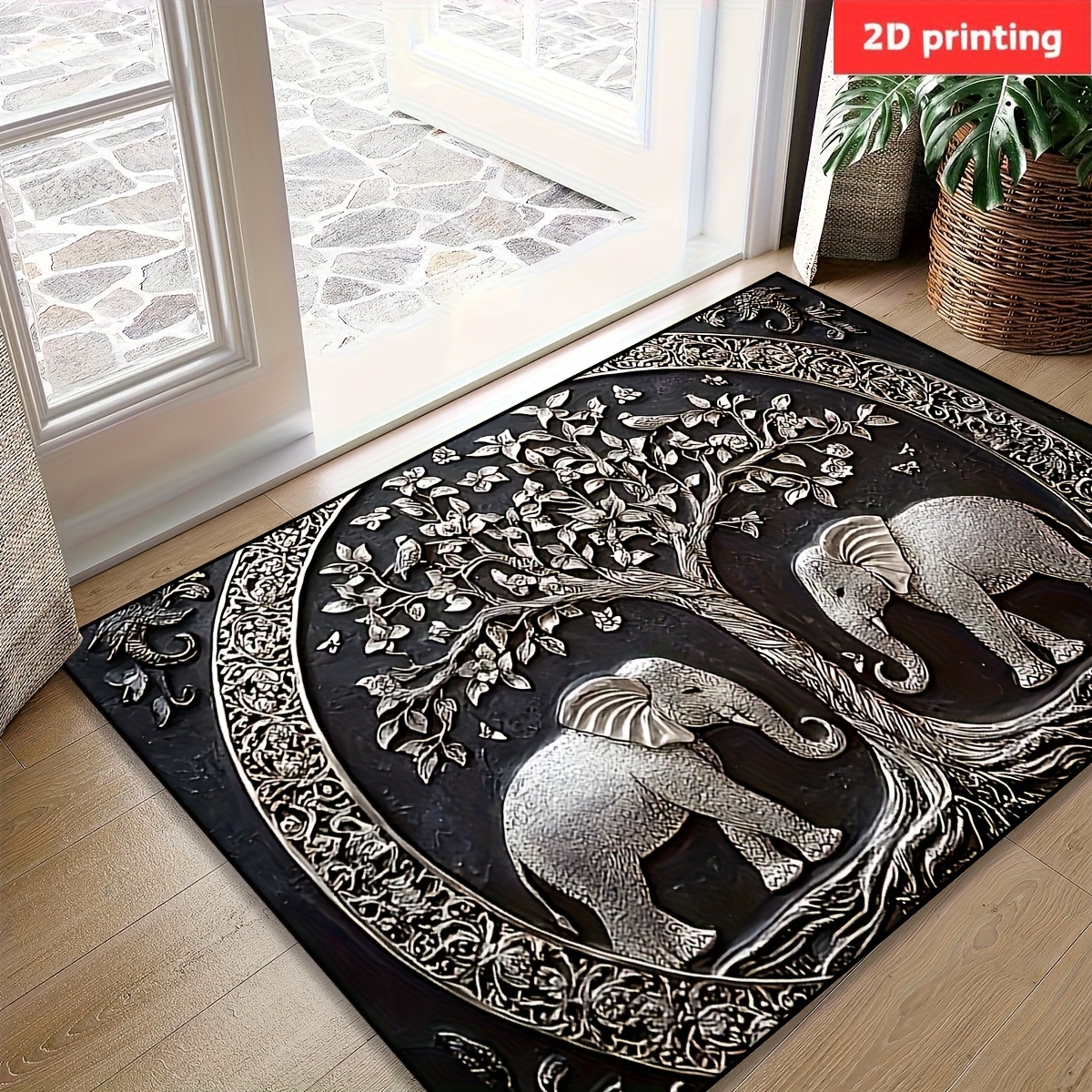 E-shop 2D flache Kunst-Matte für den Außenbereich, dekorative Matte mit Elefanten- Baum-Kombinationsdesign im dunklen Stil für – Geeignet für