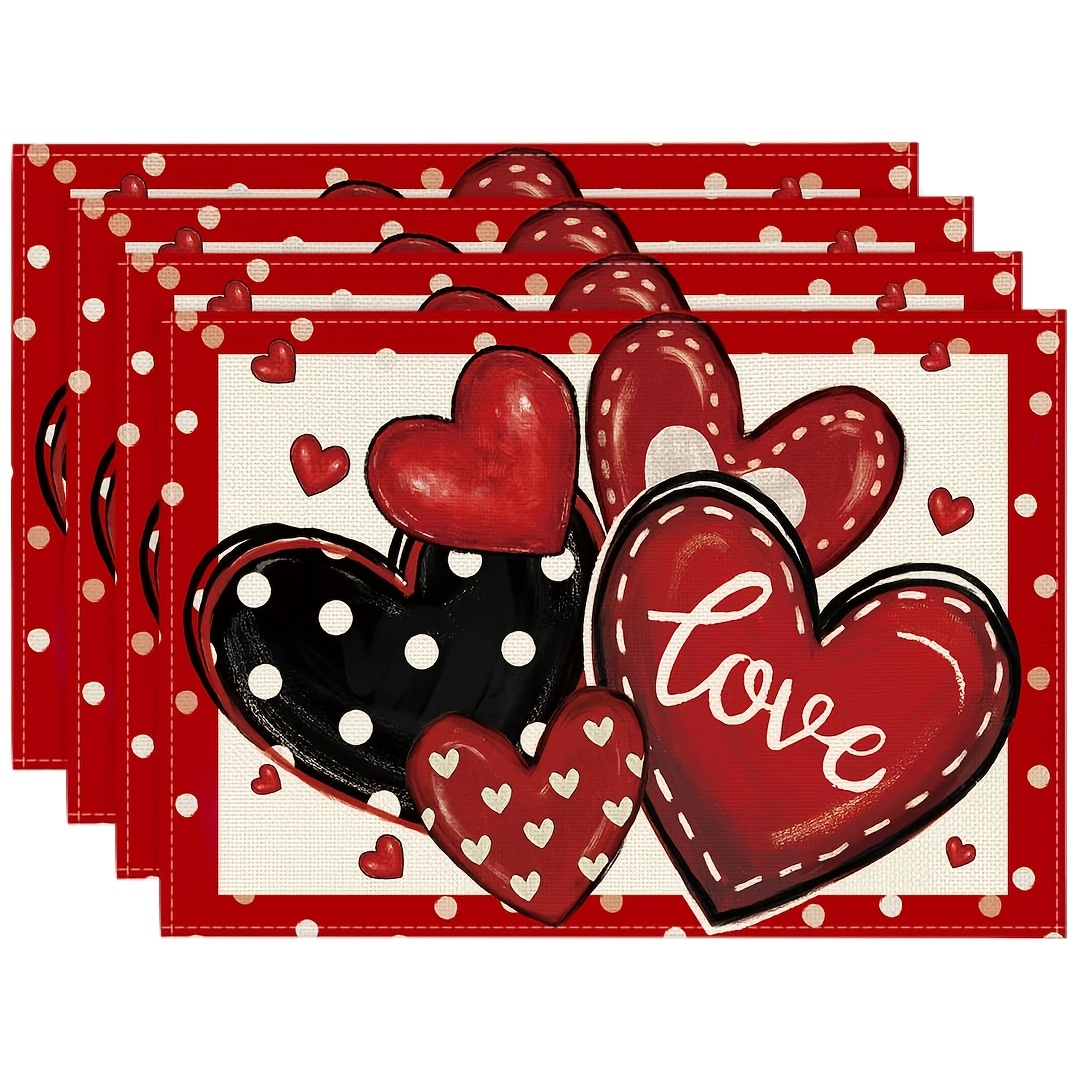 

Set Of 4 Valentine's Day Heart Placemats, 12x18 Inch, Woven Polyester Table Mats, Rectangular, Hand Wash Only, For Dining, Kitchen, Party Decor