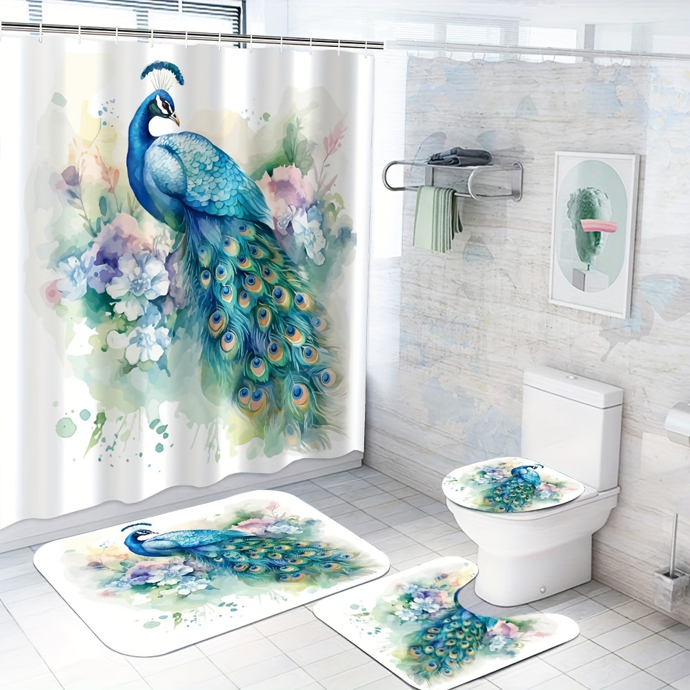 

1/4pcs And Pattern Shower Curtain Set, Polyester Bath Curtain 12 , And Bathroom Decor, Includes Bath Mat, U-shaped Pad, Lid , Bathroom Accessories