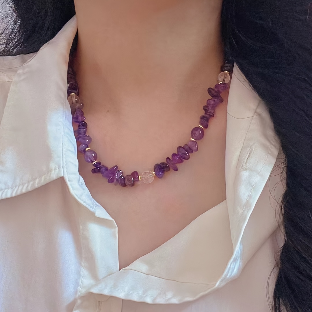Women's Vintage Amethyst Crushed Stone Necklace, Daily Wear