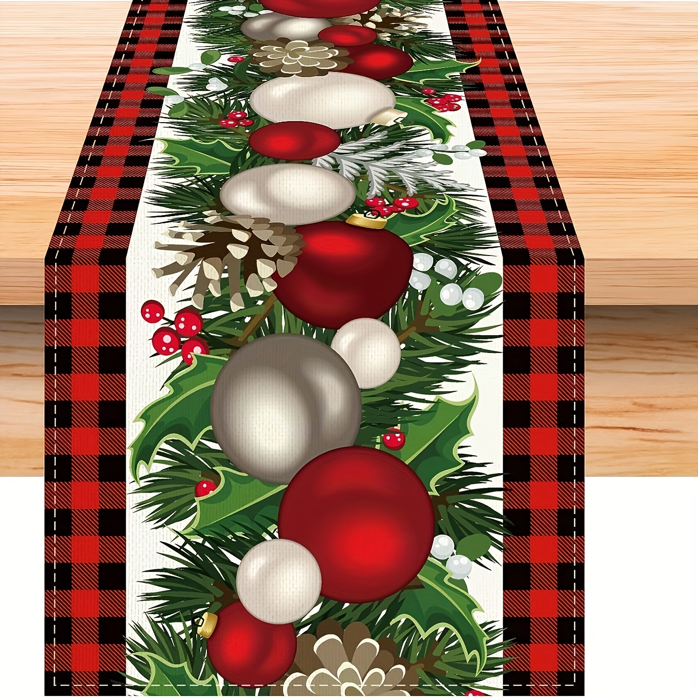 

Christmas Linen Table Runner - Buffalo Check With Festive Ornaments Design, 100% Woven Linen Rectangular Runner For Holiday Dining & Home Party Decor, 1pc - Multiple Sizes Available