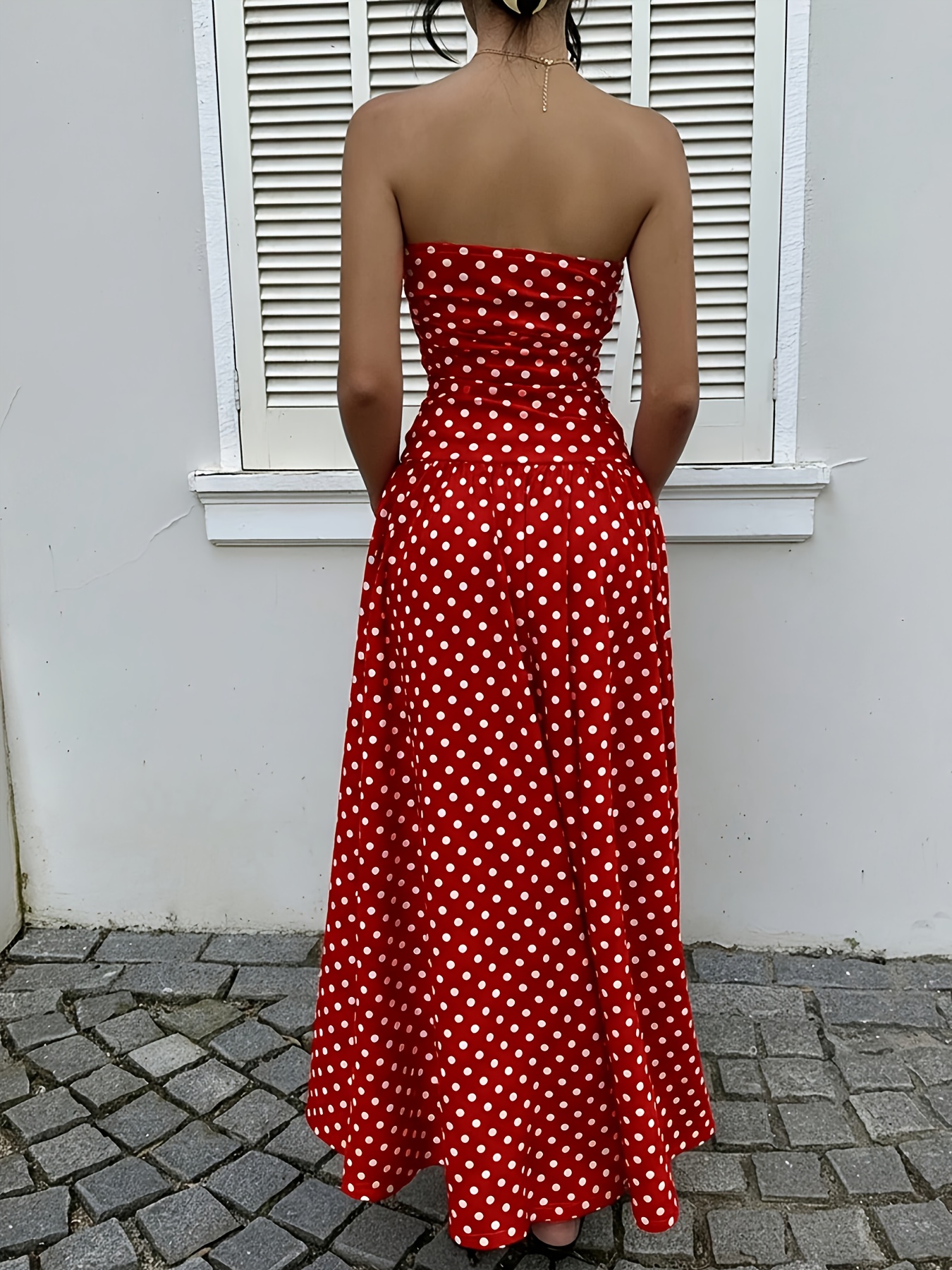 ASD1 Casual Holiday Rose Red Polka Dot Tie Dress Women'S Polka Dot Dress  Women'S Holiday Dress Polka Dot Dress Long Dress Summer Polka Dot Dress  Strapless Dress Red Polka Dot Dress