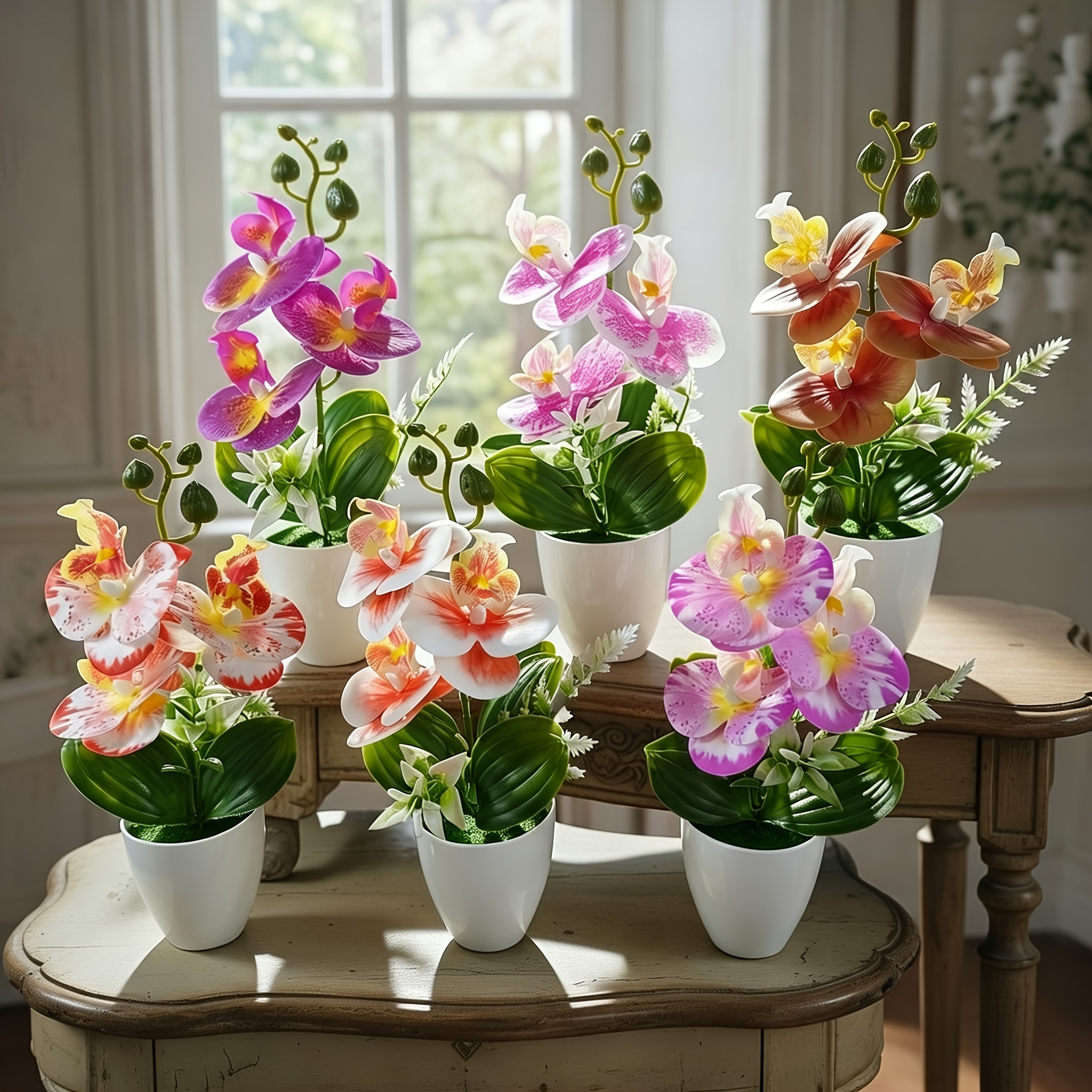 Image of 6pcs Artificial Phalaenopsis Orchid Potted Orchid Set With White Vase, Realistic Touch, Suitable For Home Decor, Office, Wedding, And Table Centerpiece