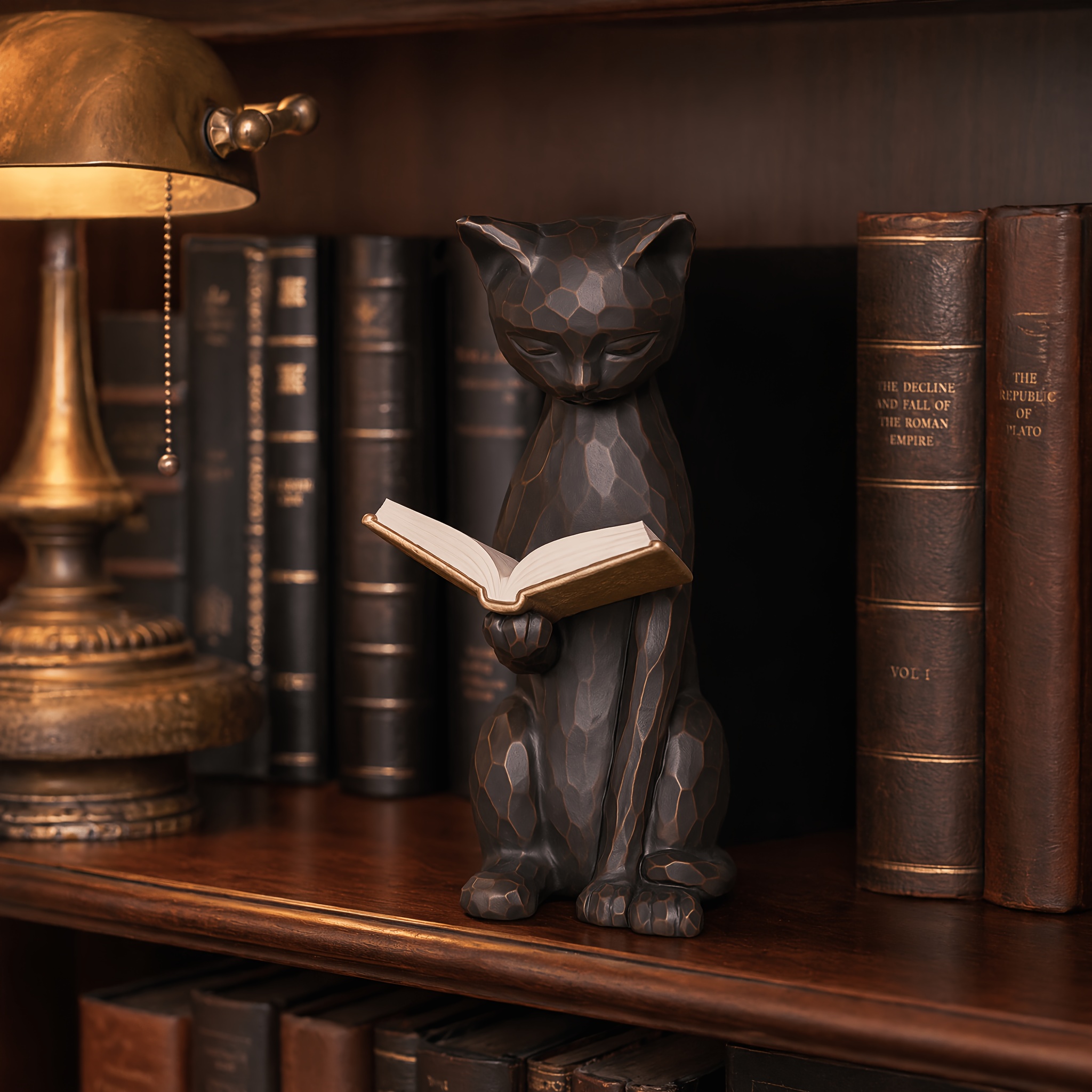 TEMU Hand-painted Figurine, Vintage Textured Cat Reading Book Statue, Unique Gifts For Cat Lovers & , Rustic Decor Ornament For Bookshelf, Library,