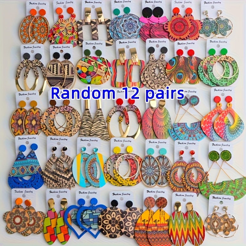Random 12 Pairs Bohemian Style Multicolor Wooden Women's Pendant Earrings, Ethnic Geometric Pattern Ear Jewelry, Party, Daily Vacation Jewelry Gift