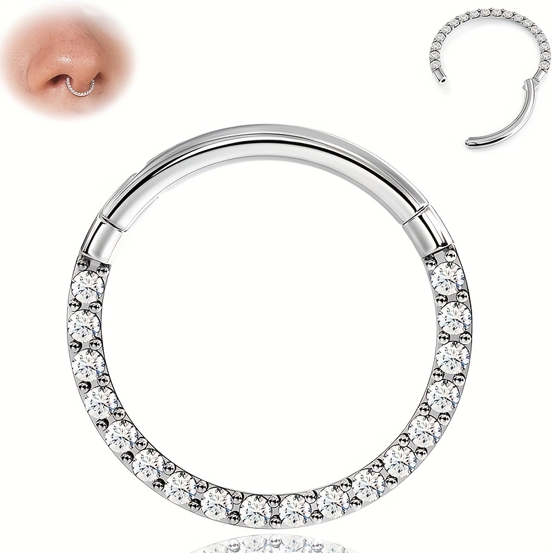 TEMU 1pc G23 Titanium Daith Earrings 16g Cartilage Helix Tragus Nose Hoop Piercing Jewelry 8mm Silvery Golden Cz Hinged Septum Clicker Rings