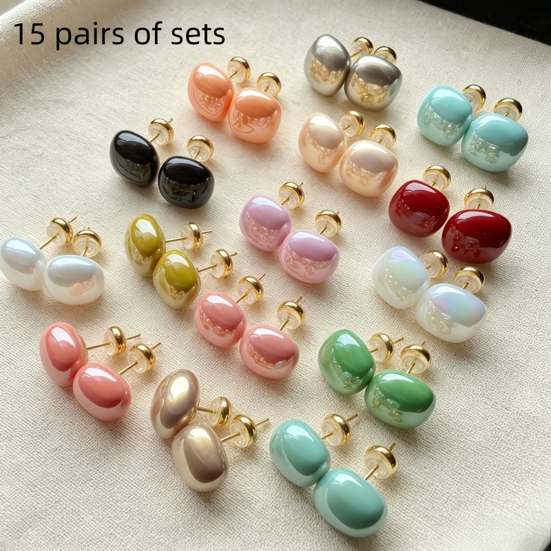 TEMU Ensemble de 15 paires de boucles d'oreilles multicolores brillantes de haricot, boucles d'oreilles en émail bonbon carré et faciles à , boucles