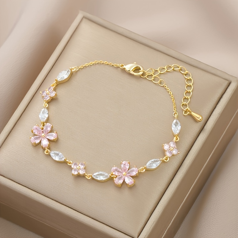 TEMU 1 Pink Petal Bracelet, Copper Set Glitter Synthetic Synthetic Zirconia, Daily Date Banquet Party Wear, Perfect For Gifts, Birthdays