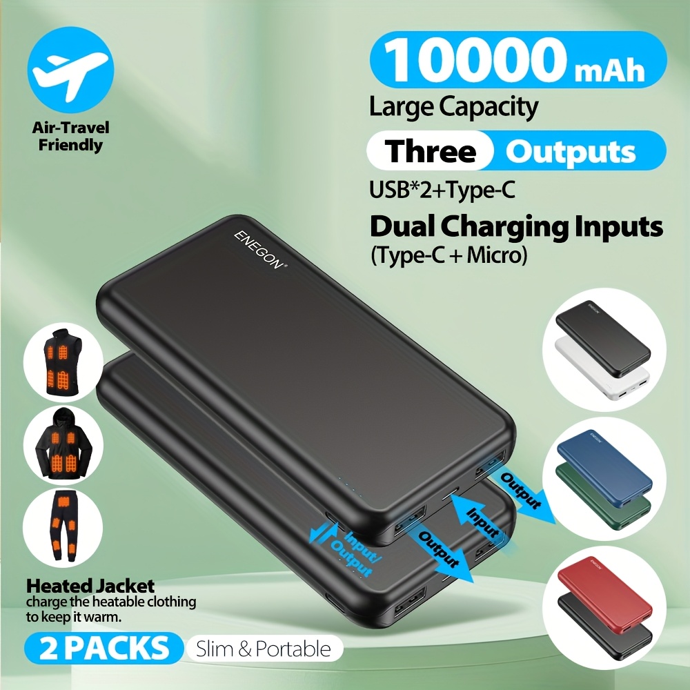TEMU Enegon 2-pack 10000mah Portable Power Banks - Universal Usb-c Power Stations With Lithium Polymer Batteries, 4 Usb Dual Ports For Iphone, ,