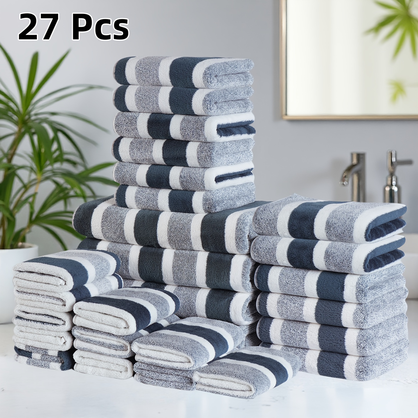 27pcs Large Wide Super Soft Coral Bath Towel Set, 4 Bath Towels, 12 Hand Towels, 13 Square Towels