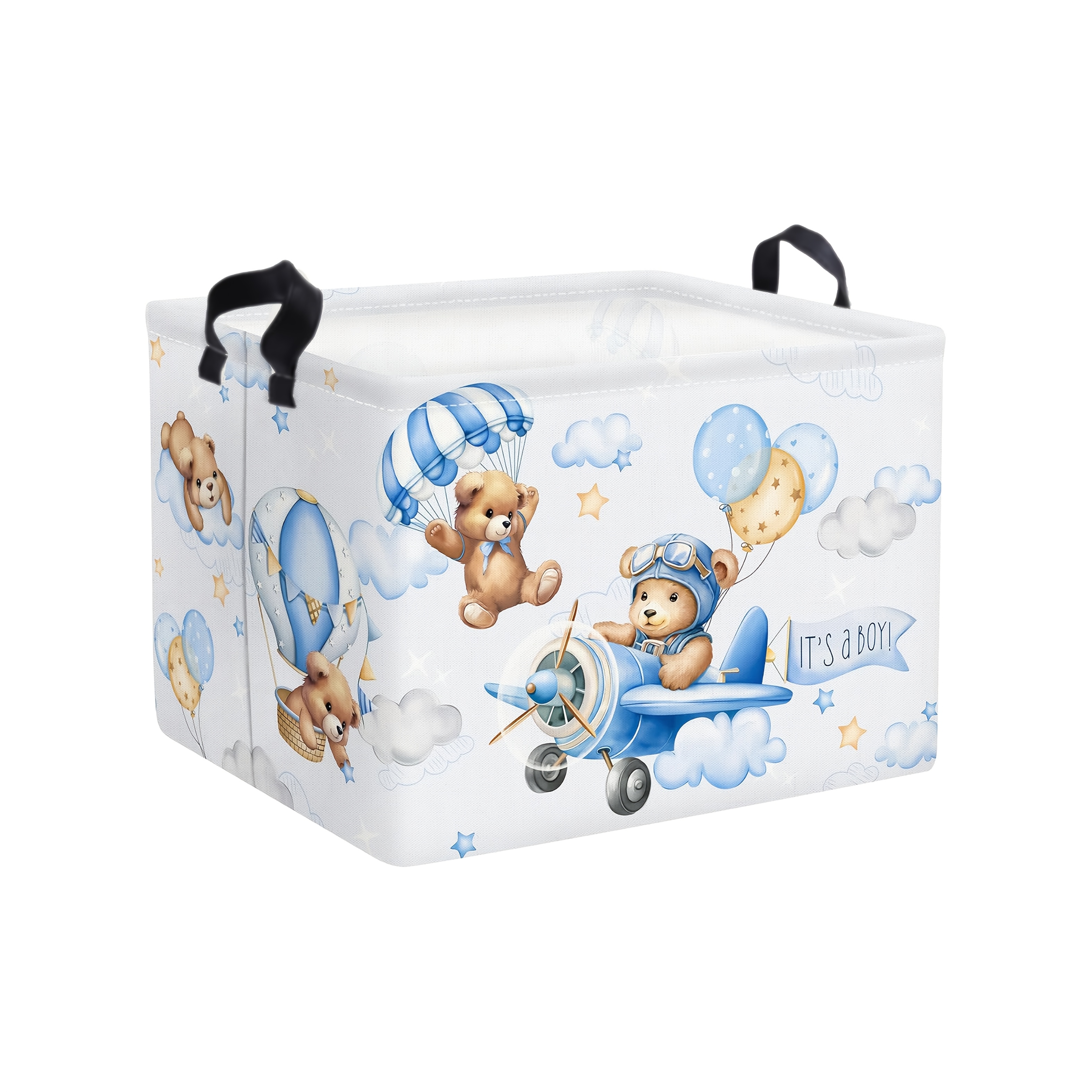 TEMU 1pc Dokriy, Blue Bear Pilot Hot Air Balloon Square Storage Basket With Handles, Foldable Fabric Organizer Bin For Home Closet, Laundry &