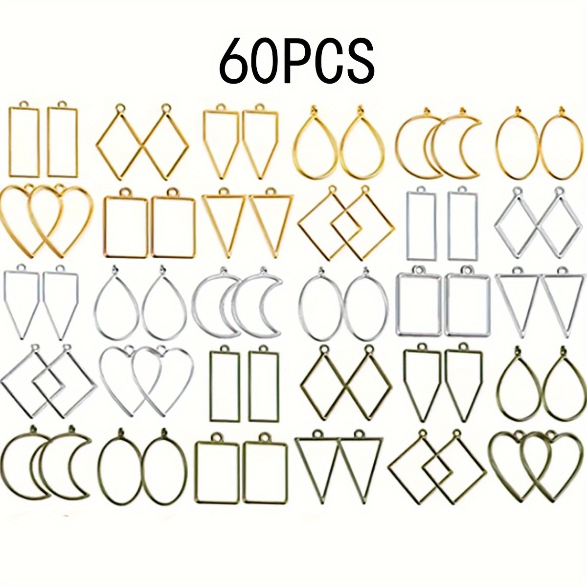 TEMU 60pcs Mixed Set Of 10 Styles/silvery/golden/ Each 2 Geometric Hollow Pressed Alloy Frame Pendants Epoxy Resin Diy Drip Mold For Jewelry Making Necklace, Earrings, Bracelet Materials