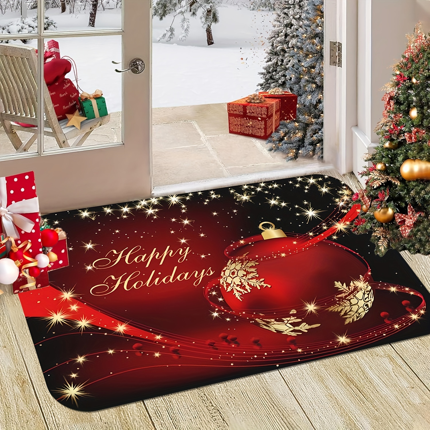 

Christmas & Stars , Non-slip, Easy Clean, Stain-resistant, Machine Washable, 0.47inch Flannel Anti-slip Memory Foam Doormat For Bathroom, Living Room, Bedroom, Kitchen, Office, Holiday Decor