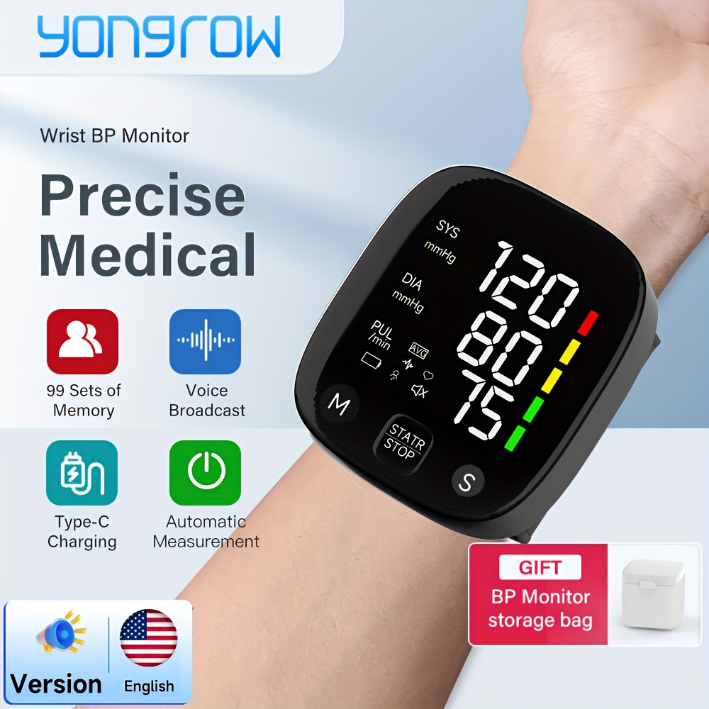 New LED Rechargeable Wrist Blood Pressure Monitor, English Voice *, With Storage Box (built-in Lithium Battery)