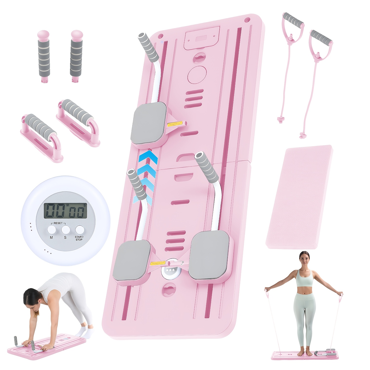 TEMU Tabla de Pilates Yoga Plegable | Set de Gimnasio Multifuncional para el Hogar con Temporizador, 2 Manijas de Resistencia, 2 Cuerdas de Tensión,