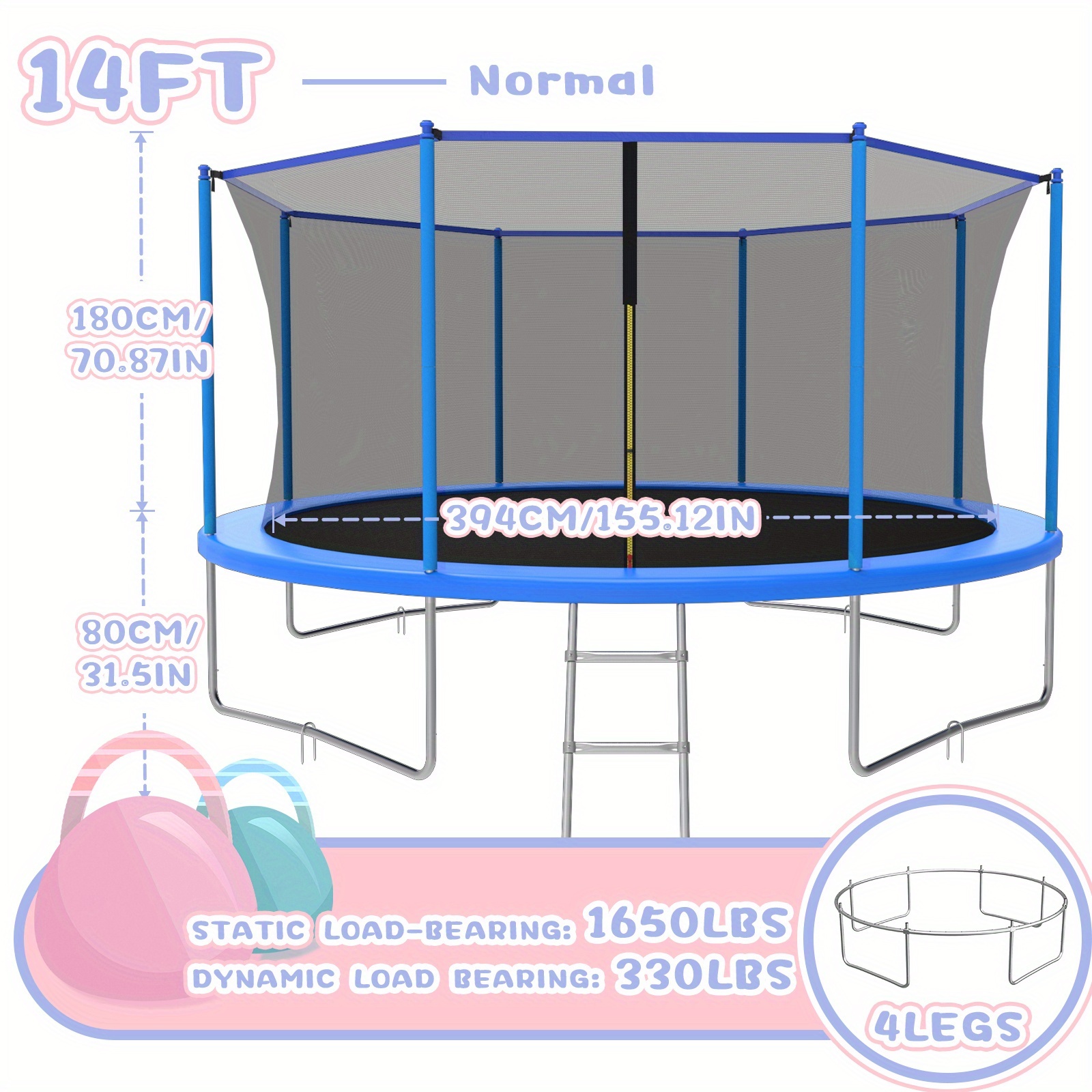 14ft/12ft/10ft Outdoor Kids Trampoline with Water Spray Device, Equipped with Safety Net and Heavy-Duty Rust-Resistant Frame, Suitable for Children and Adults, Includes Basketball Stand and Ladder Blue