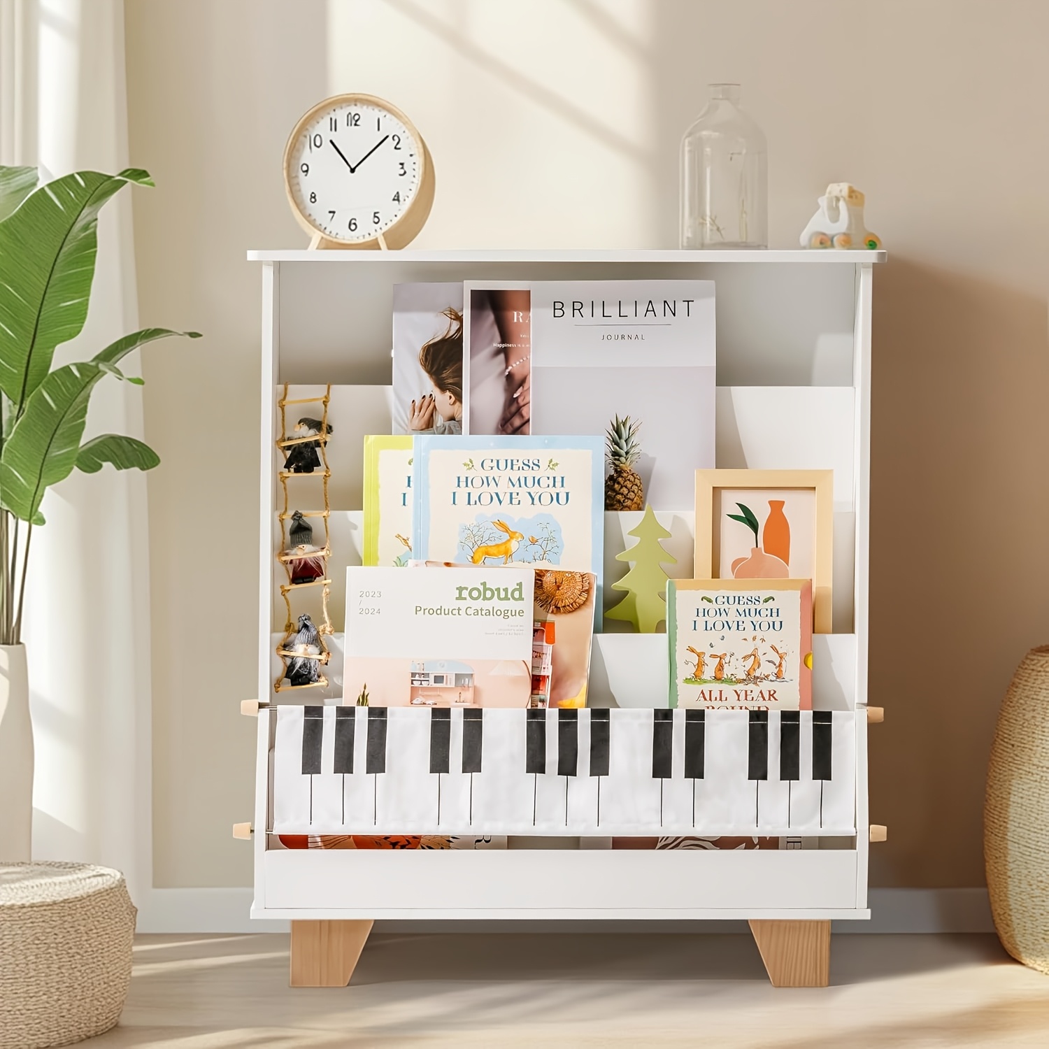 ROBOTIME White 4-storey Children's Bookshelf, Wooden Children's Bookshelf Front And Rear Storage - Suitable for Preschool Bookshelves In Classrooms, Game Rooms, And Daycare Centers
