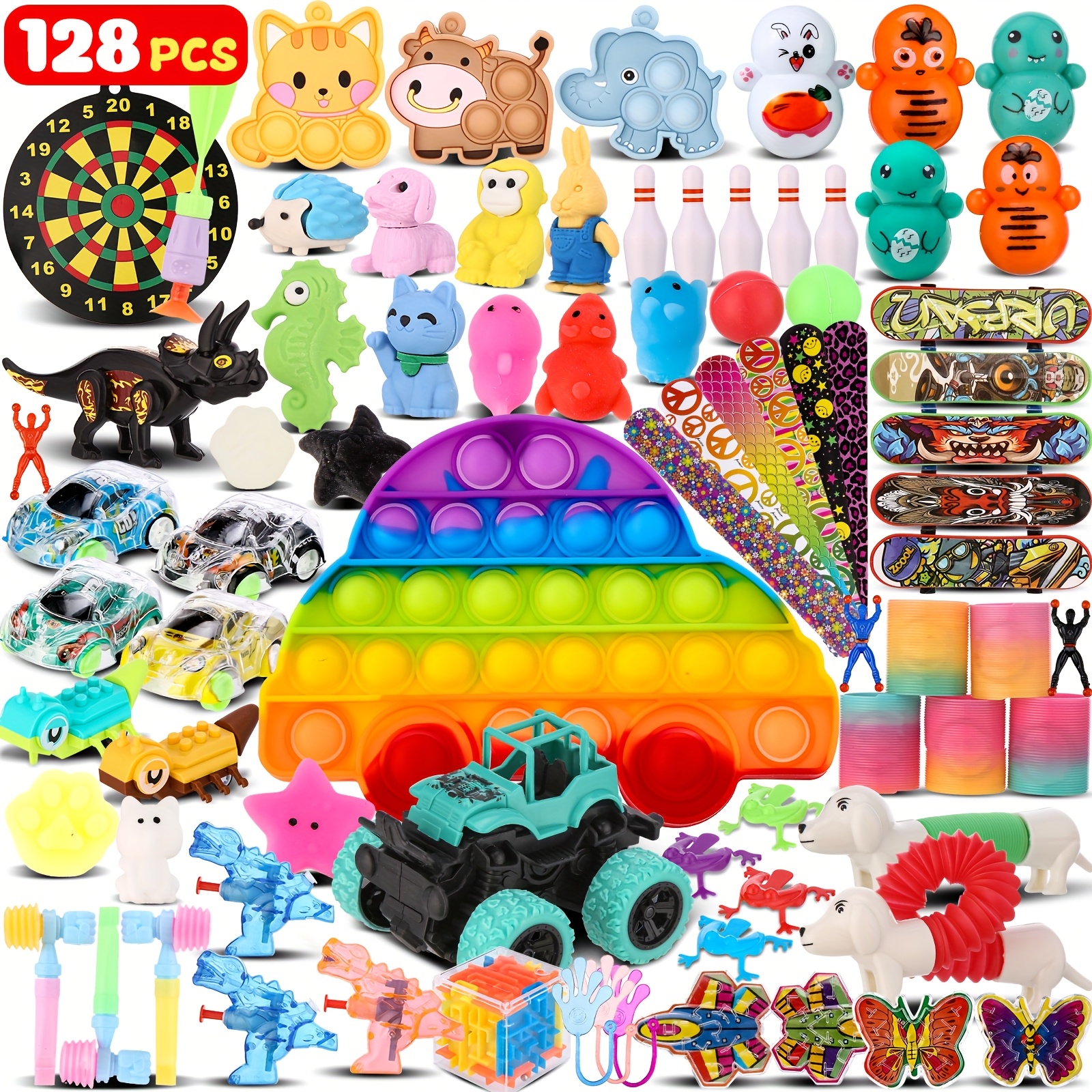 128pcs Party Favors for Kids 3-5 8-12, Pop Fidget Toys Pack Birthday Gifts Bulk Toys Goodie Bag Stuffers, Treasure Box Toys for Classroom Prizes Pinata Stuffers Random Color