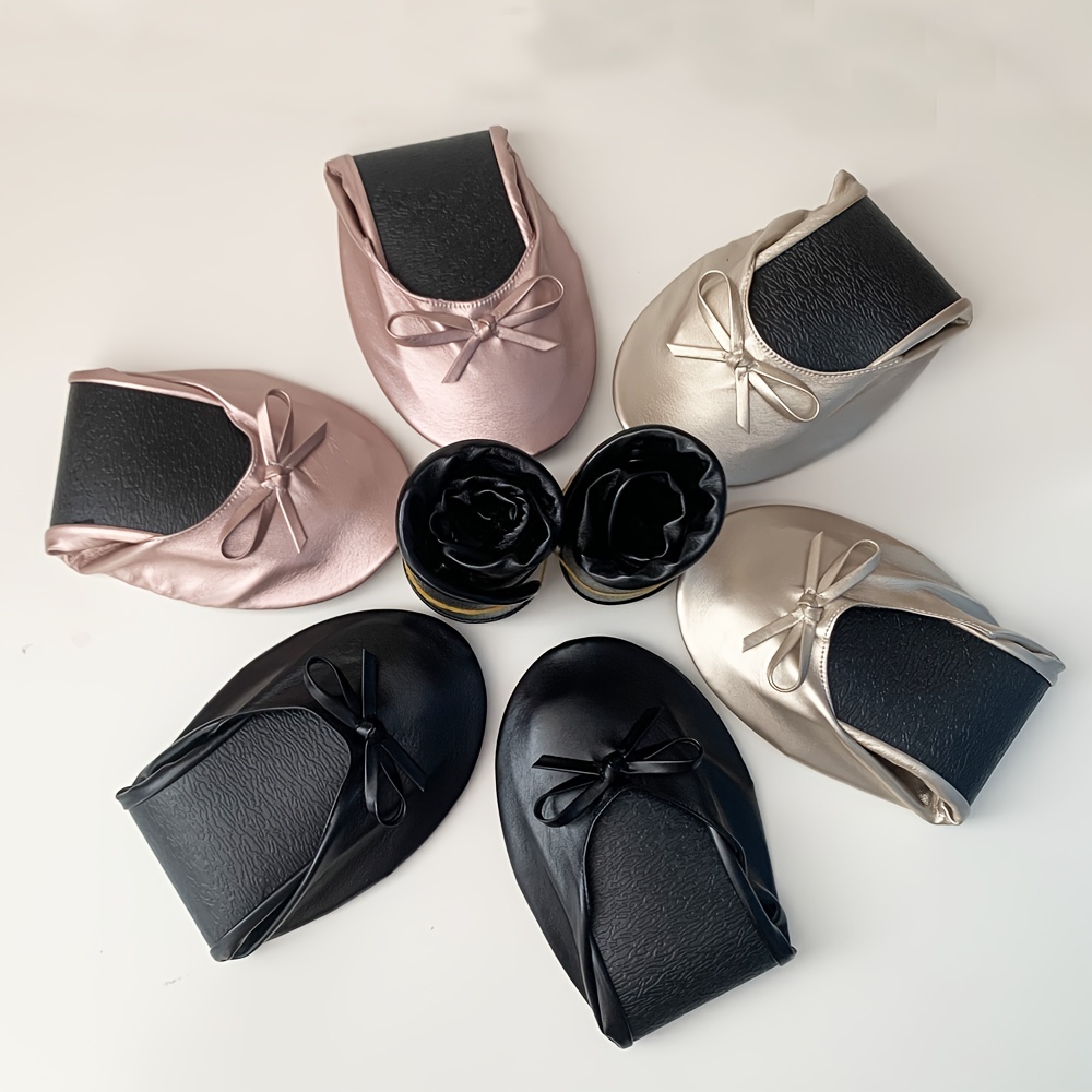 Women's Portable Ballet Flats, Bowknot Rollable Soft Sole Wedding Flat Shoes, Comfy Dancing Flat Shoes With Purse Bag