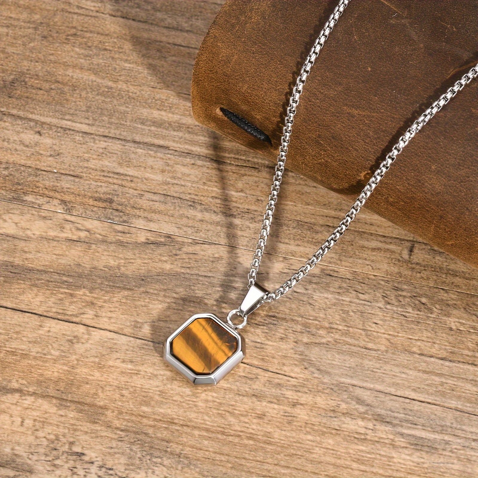 Image of Men's Natural Tiger Eye Stone Square Pendant Necklace - 304 Stainless Steel , Durable Everyday Jewelry Gift For Him