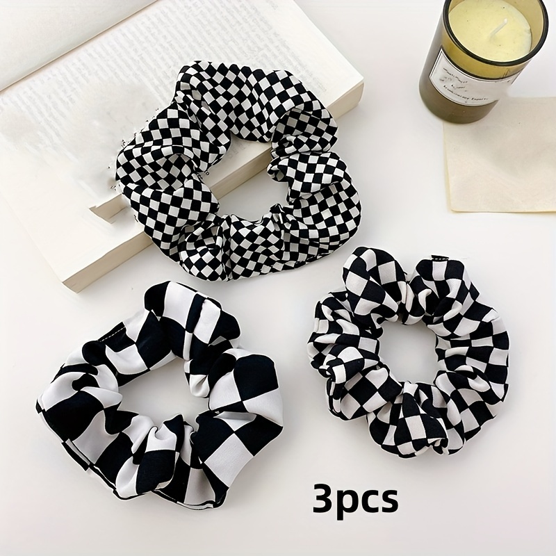 3pcs Modern Checkered Black And White Hair Ties For Women - Random Checker Size/density, Exquisite Hair Additions