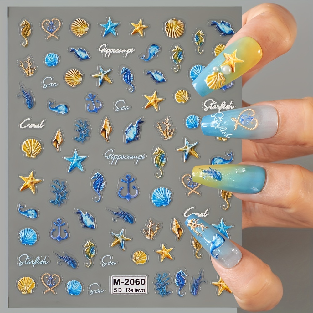 

5d Embossed Ocean-themed Nail Art Stickers - Self-adhesive Shell & Sea Life Decals For Summer Vacation, Perfect For Diy Manicures & Salon Use, Scent-free