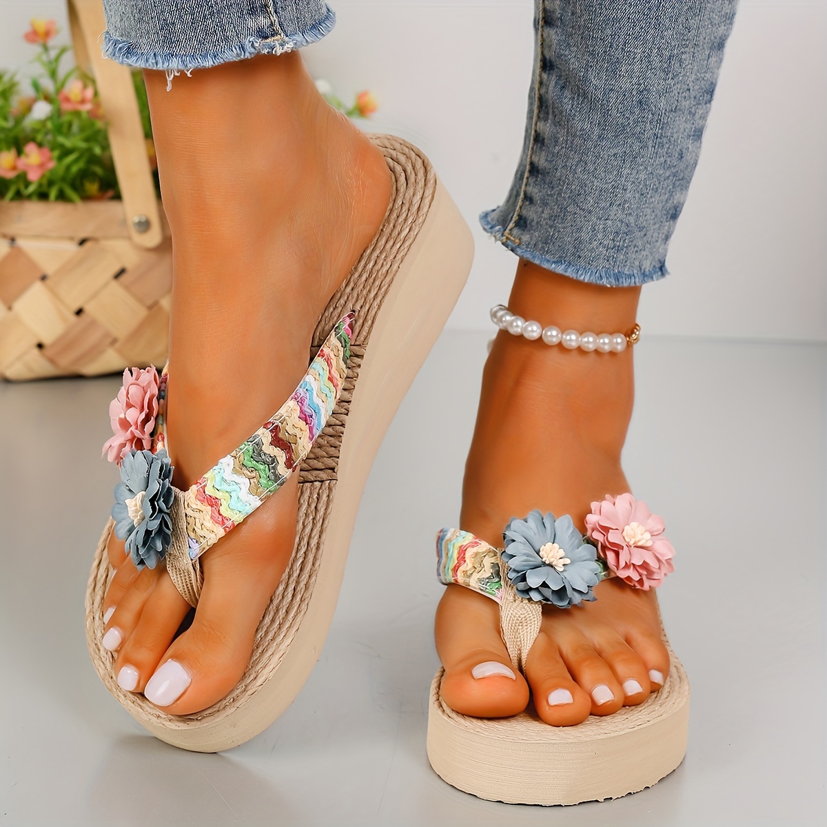 

Women's Floral Flip Flops, Platform Slip On Summer Vacation Slides, Casual Braided Beach Sandals