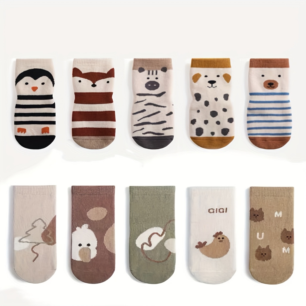 Image of 10 Pairs, Kids' Cute Animal Pattern Non-slip Mid-calf Socks, Soft High Elasticity Toddler Floor Socks For Boys And Girls, Suitable For , Newborns And Infants For Indoor And Outdoor Activities