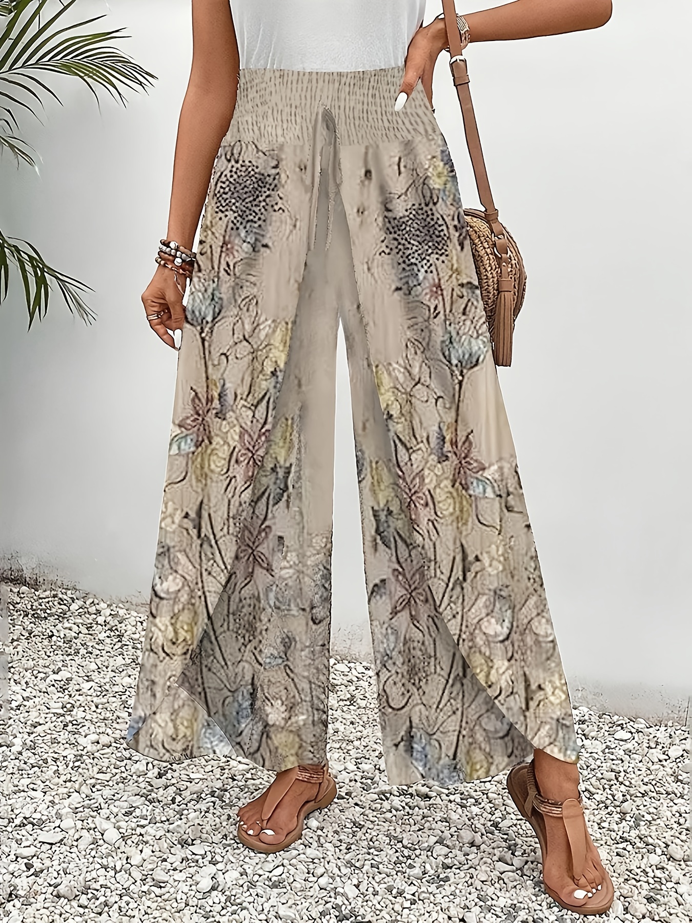 womens floral print wide leg pants casual elegant vacation beach style loose fit with drawstring waist lightweight fabric     machine washable khaki 0