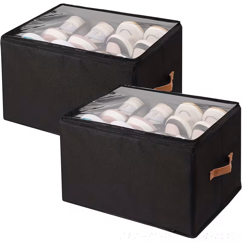 2 boîtes de rangement pour chaussures de place avec couvercle transparent – organisateur empilable et pliable pour chaussures et coussins, design en tissu beige avec poignées, idéal pour lorganisation de placard ou darmoire, organisateur de rangement pour chaussures Détails du produit 7