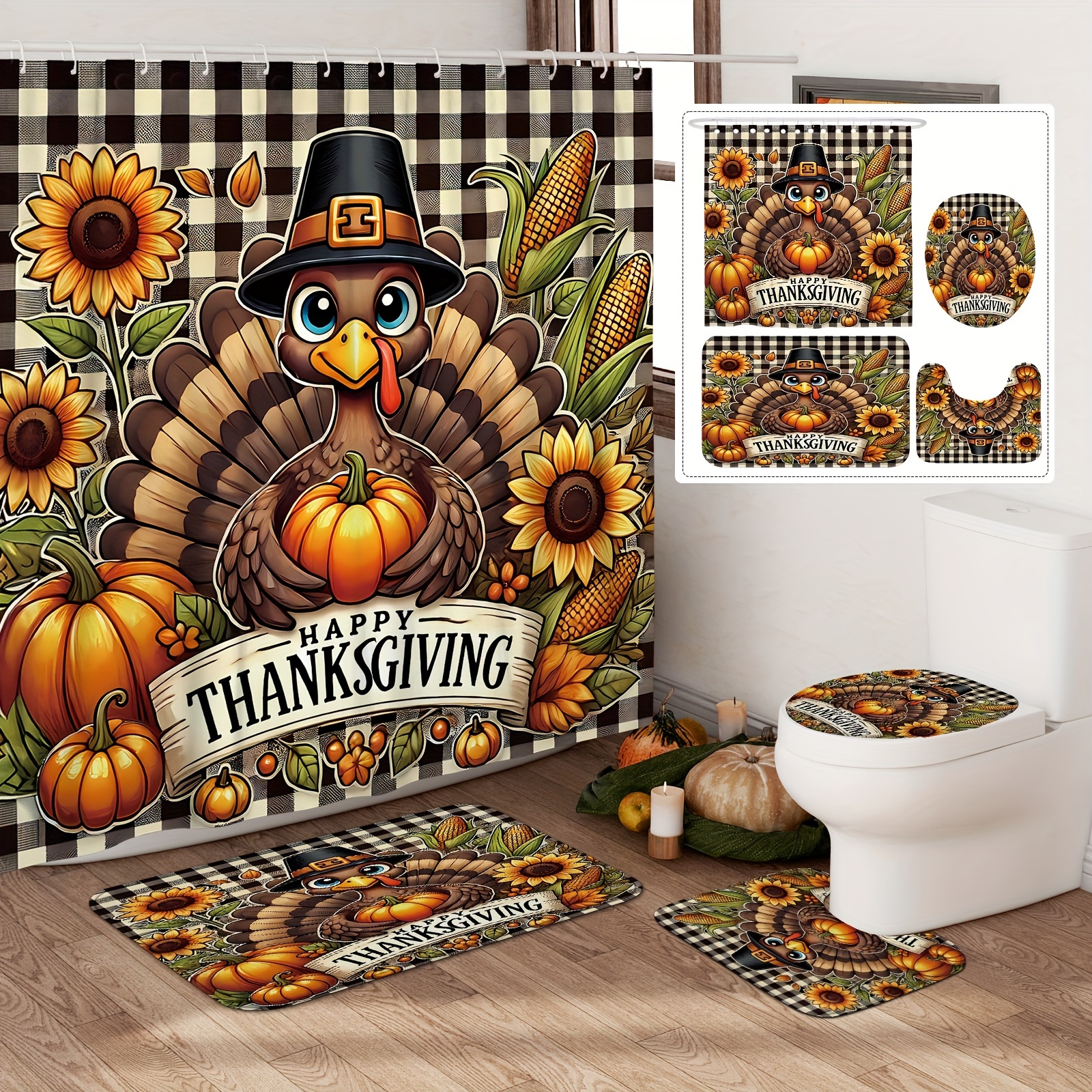 

Shower Curtain Set - 1/4pcs, Turkey & Pumpkin Design, Waterproof Polyester, Includes 12 Hooks, Non-slip Bath Mat, U-shaped Toilet Lid Cover - Perfect Thanksgiving Home Decor Gift