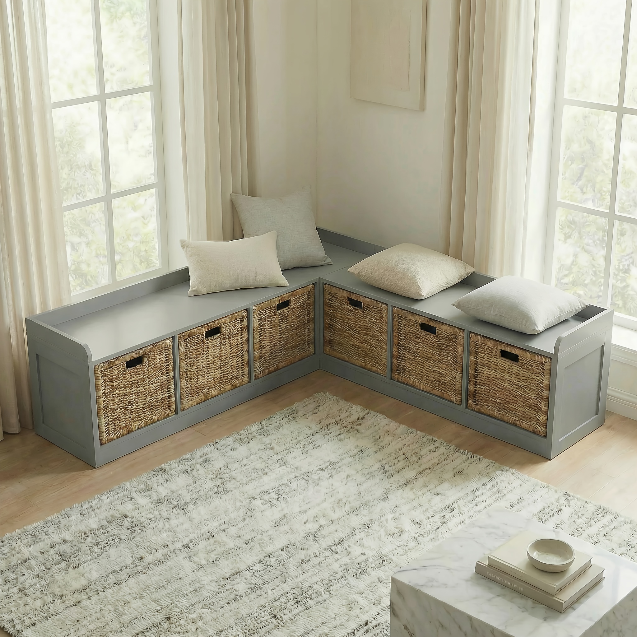 Modern L-Shaped Shoe Cabinet with 6 Rattan Drawers, Multi-Functional Wood Shoe Storage Cabinet with Storage Compartments, for Entryway And Living Room, Modern Design, Gray