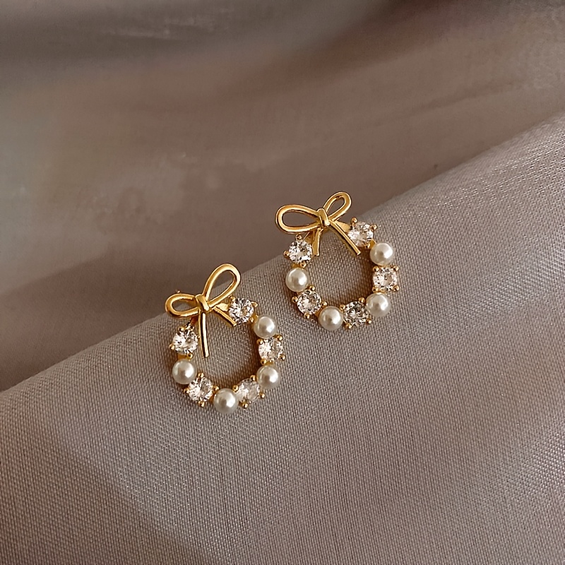 TEMU 1 Pair Small & Floral Wreath Bow Stud Earrings Suitable For , Unisex Elegant Ear For Parties, Daily Wear, Gifts, Versatile For Valentine' Day,