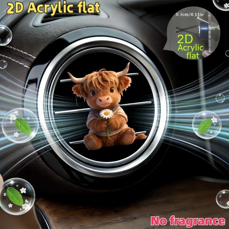 TEMU 2d Flat, 1pc Car Air Vent Holder With A Highland Cow Pattern Featuring A Small Daisy, "no Fragrance", With 2 Odorless Sponge Pads, Can Add