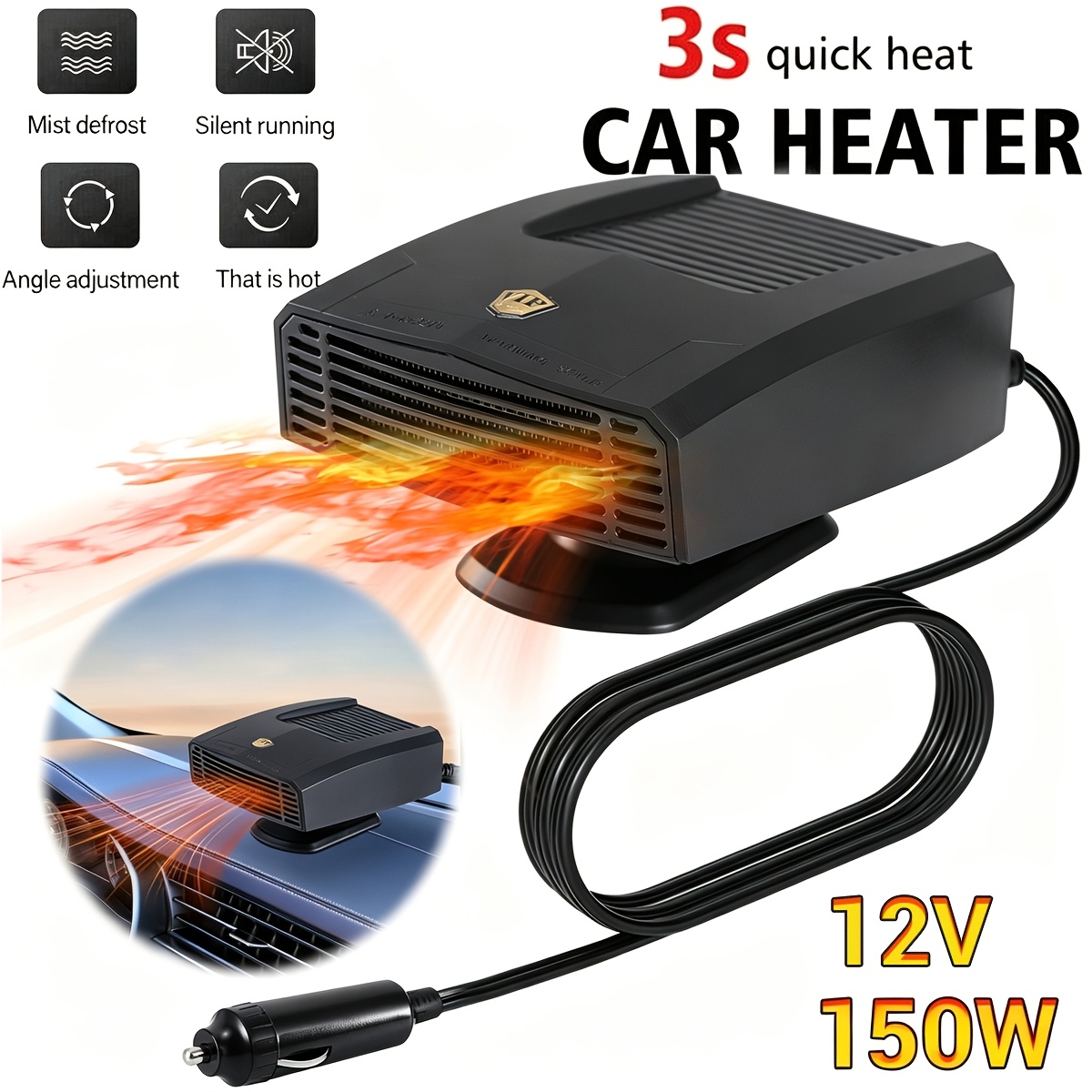 TEMU Portable 150w Car Heater Defogging, No Installation Required, 360-degree Adjustable, 12v Universal, Essential For Quick Heating